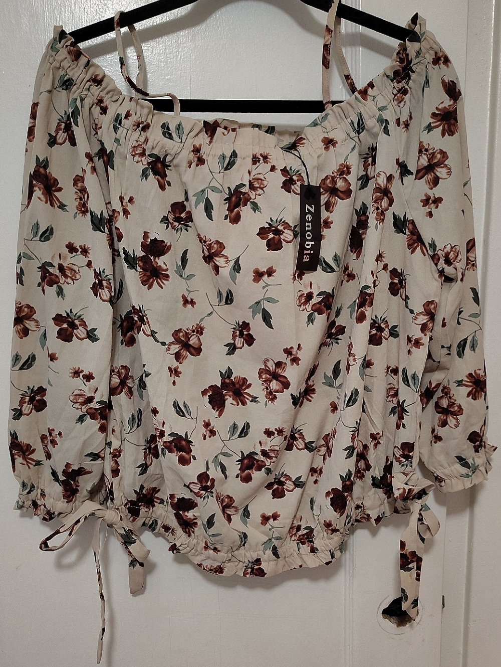 Zenobia Cream Floral Off-Shoulder Top with Brown & Green Print Ribbon On Bottom